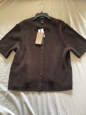 Halogen Chocolate Brown Short-Sleeve Ribbed Button Cardigan